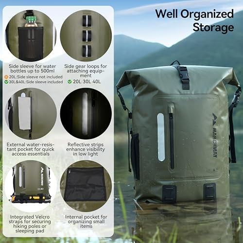 MARCHWAY Roll Top Waterproof Backpack Floating Dry Bag 20L30L45L with Ergonomic Rectangular Base Cushioned Back Hip Strap for Hiking Camping Kayaking Travel Army Green 30L - Image 3