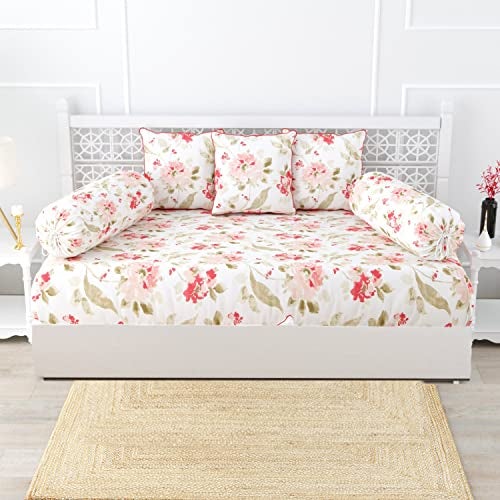 Trance Home Linen 108TC 100% Cotton Thick Printed Diwan Set | Deewan Bedsheet Set for Living Room(Set of 6 Pc, 1-Bed Sheet 48x88 Inch | 2-Bolster Cover 16x32 in | 3-Cushion Cover 16x16 in)-Tashi Pink - Image 1