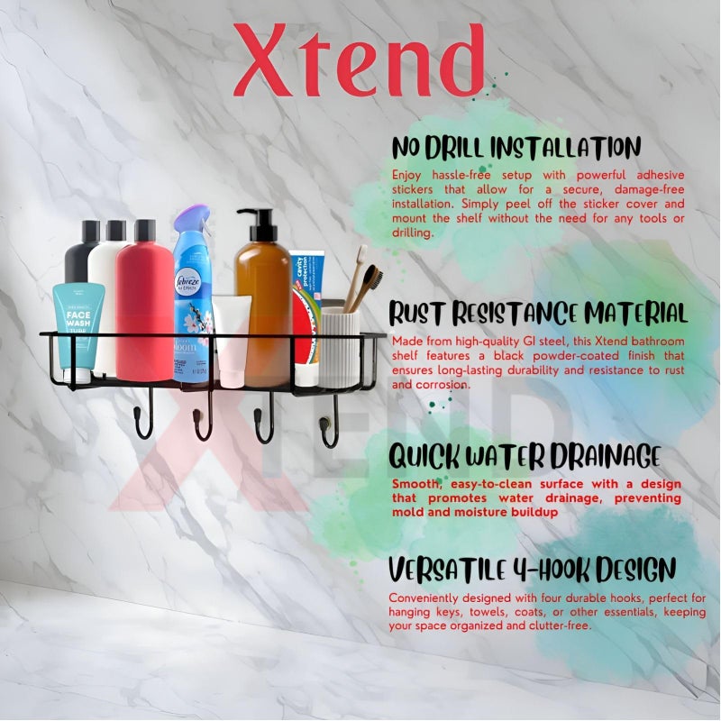 Xtend 4-Hook Self-Adhesive Bathroom Shelf | Multipurpose Kitchen Organizer | Rustproof GI Steel | Black Powder-Coated | Drill-Free Installation | Easy to Clean | Pack of 1 - Image 2