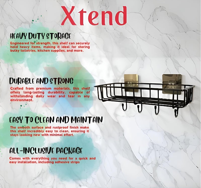 Xtend 4-Hook Self-Adhesive Bathroom Shelf | Multipurpose Kitchen Organizer | Rustproof GI Steel | Black Powder-Coated | Drill-Free Installation | Easy to Clean | Pack of 1 - Image 3