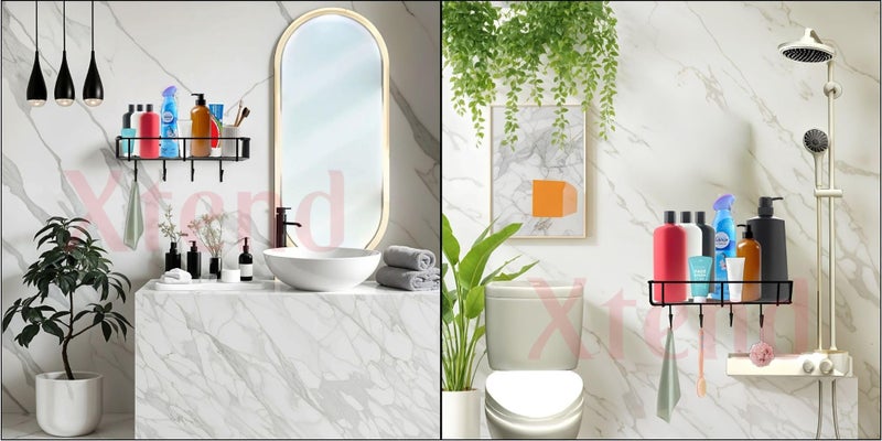 Xtend 4-Hook Self-Adhesive Bathroom Shelf | Multipurpose Kitchen Organizer | Rustproof GI Steel | Black Powder-Coated | Drill-Free Installation | Easy to Clean | Pack of 1 - Image 5