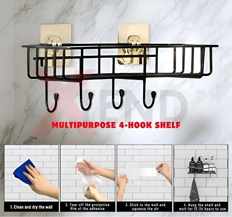 Xtend 4-Hook Self-Adhesive Bathroom Shelf | Multipurpose Kitchen Organizer | Rustproof GI Steel | Black Powder-Coated | Drill-Free Installation | Easy to Clean | Pack of 1 - Image 4