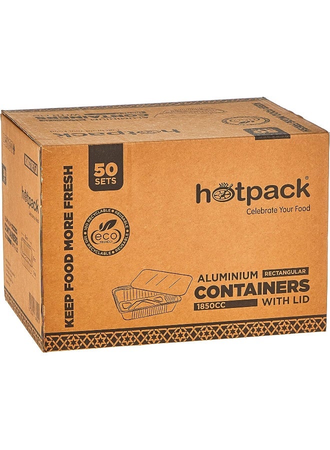 Hotpack حاوية طعام ألومنيوم مستطيلة قابلة للاستخدام لمرة واحدة من هوت باك لتخزين الطعام للوجبات الجاهزة فضي 1850 مل مع غطاء 50 قطعة - Image 1