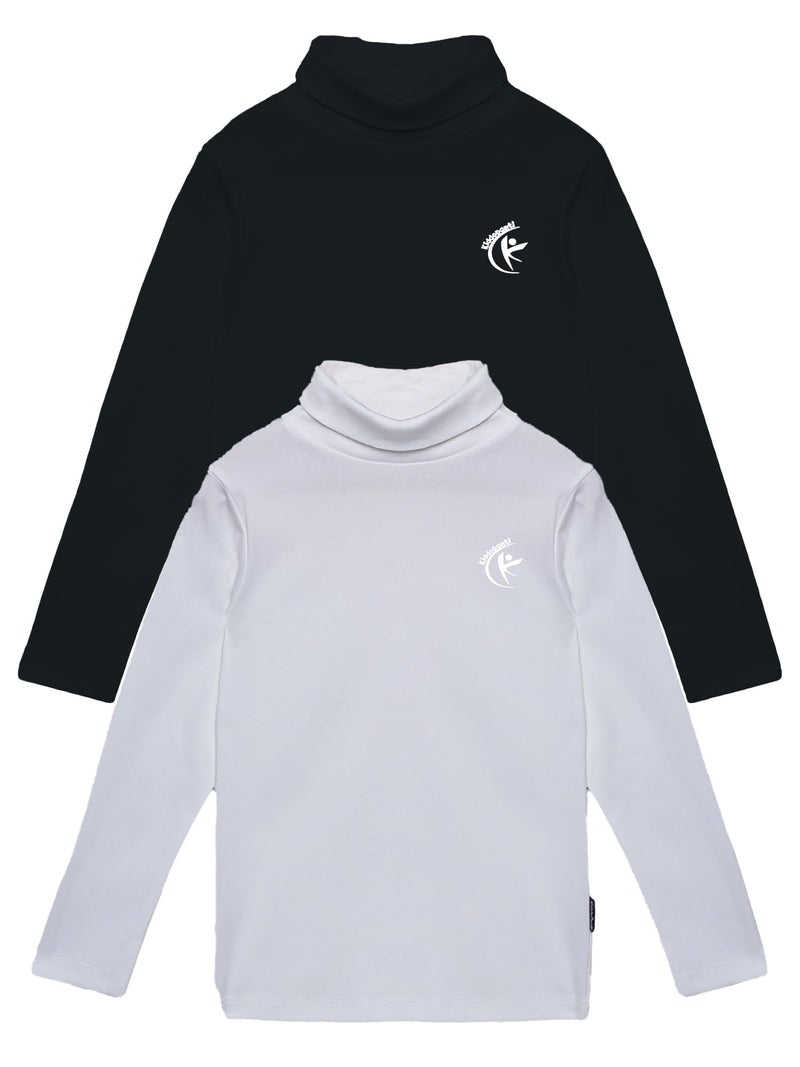 KiddoPanti Unisex High Neck Full Sleeve T-Shirt for Boys and Girls Pack of 2 | 100% Cotton 2X2 Rib | Soft & Stretchy | Comfortable Fit | Solid Color Turtle Neck Tee, Black & White - 4-6Y - Image 1