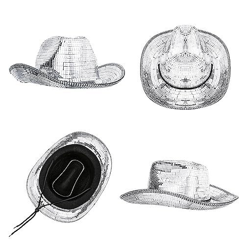 Mawjom Disco Ball Western Cowboy Hat - Women Men Silver Mirrored Sparkly Cowgirl Hat for Cosplay Party Size:Large Heavy - Image 2