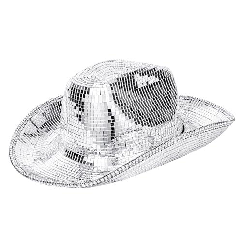 Mawjom Disco Ball Western Cowboy Hat - Women Men Silver Mirrored Sparkly Cowgirl Hat for Cosplay Party Size:Large Heavy - Image 1