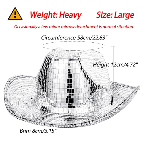 Mawjom Disco Ball Western Cowboy Hat - Women Men Silver Mirrored Sparkly Cowgirl Hat for Cosplay Party Size:Large Heavy - Image 3