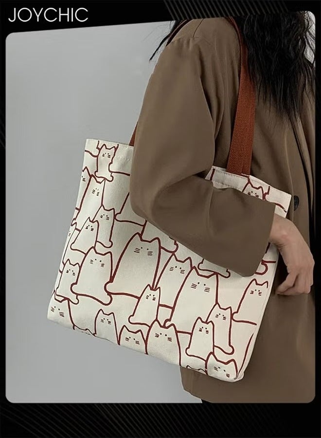 Joychic حقيبة كتف نسائية بسعة كبيرة بنمط قطة كورية قابلة لإعادة الاستخدام من قماش الكانفس - Image 1