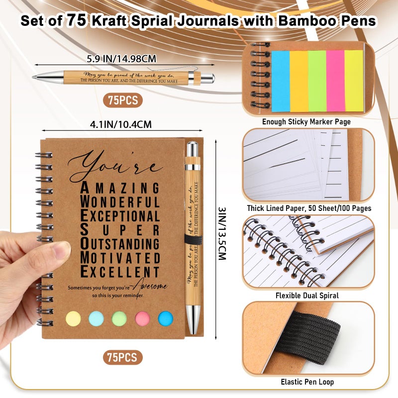 Jetec 75 Sets Inspirational Notebooks Bulk Christmas Employee Appreciation Gifts Spiral Notebook with Sticky Notepad Bamboo Pens for Xmas Thanksgiving Coworker Student Nurse Staff (Amazing) - Image 2