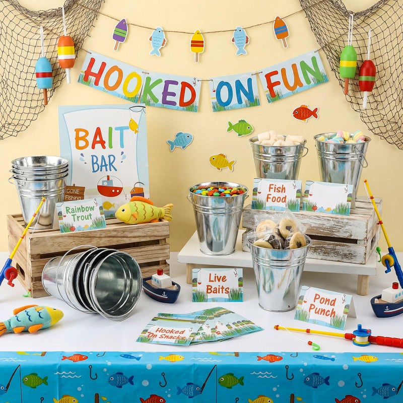 Potchen 31 Pcs Ofishally One Birthday Party Decorations 12 Fishing Bait Buckets 1 Bait Bar Accessories Sign 18 Fishing Food Labels First Birthday Party Supplies for Baby Shower Buffet Decors - Image 3