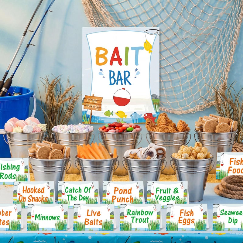Potchen 31 Pcs Ofishally One Birthday Party Decorations 12 Fishing Bait Buckets 1 Bait Bar Accessories Sign 18 Fishing Food Labels First Birthday Party Supplies for Baby Shower Buffet Decors - Image 1