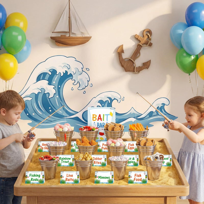 Potchen 31 Pcs Ofishally One Birthday Party Decorations 12 Fishing Bait Buckets 1 Bait Bar Accessories Sign 18 Fishing Food Labels First Birthday Party Supplies for Baby Shower Buffet Decors - Image 5