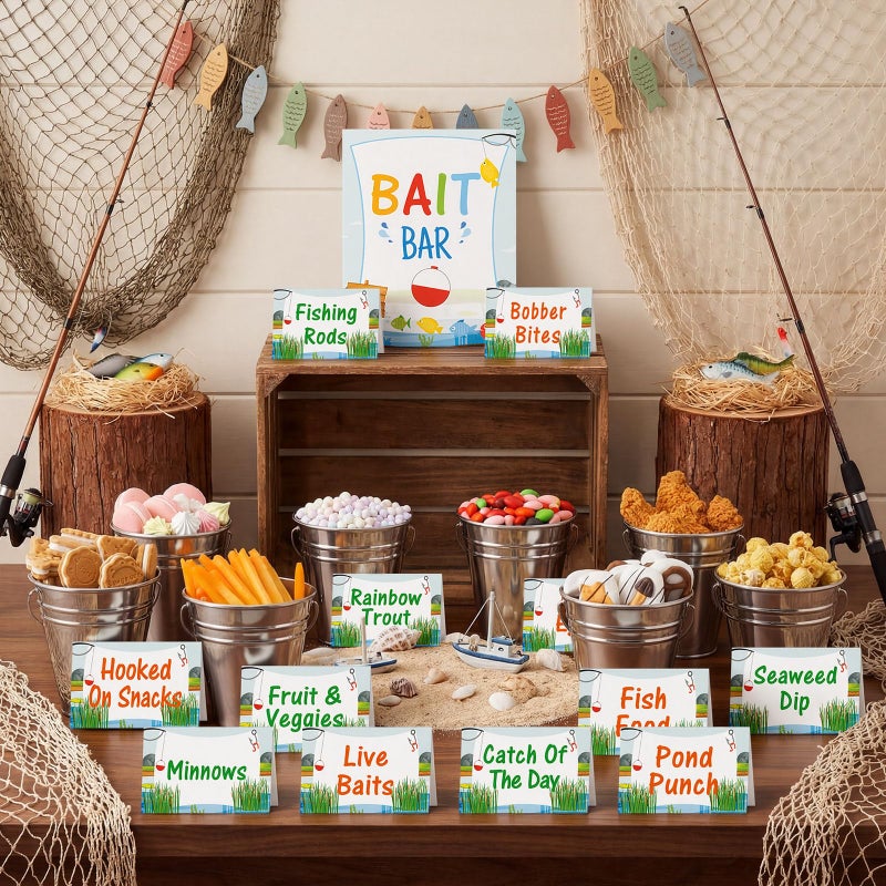 Potchen 31 Pcs Ofishally One Birthday Party Decorations 12 Fishing Bait Buckets 1 Bait Bar Accessories Sign 18 Fishing Food Labels First Birthday Party Supplies for Baby Shower Buffet Decors - Image 4