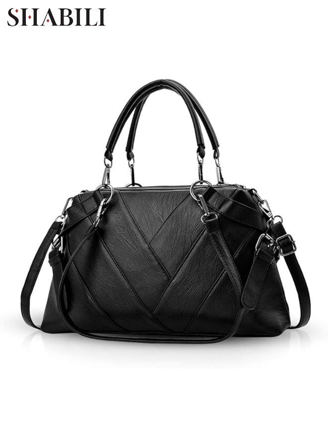 Women Large Capacity PU Leather Cross Bags Youth Shoulder Bag, Ladies Satchel Tote Sling Crossbody V-Stitch Multi Pocket Anti-Theft Bag, Detachable Strap for Daily Casual Travel (PU Leather) (Black)