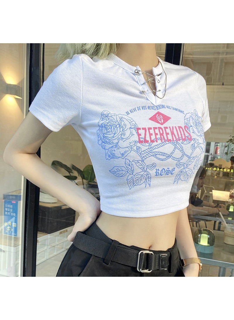 Generic - Cropped Slim Fit Printed Smiley Face Top Womens Fashionable Short Sleeve T-Shirt Unique V-Neck Decoration For Spring and Summer Apricot - Image 1