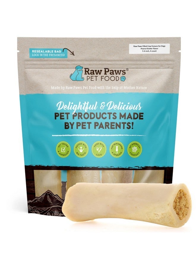 Raw Paws Filled Cow Femurs for Dogs - Peanut Butter Flavor, 5-6", 4-ct - Peanut Butter Filled Bones for Dogs - Bones for Large Breeds - Stuffed Cow Femur - Image 1