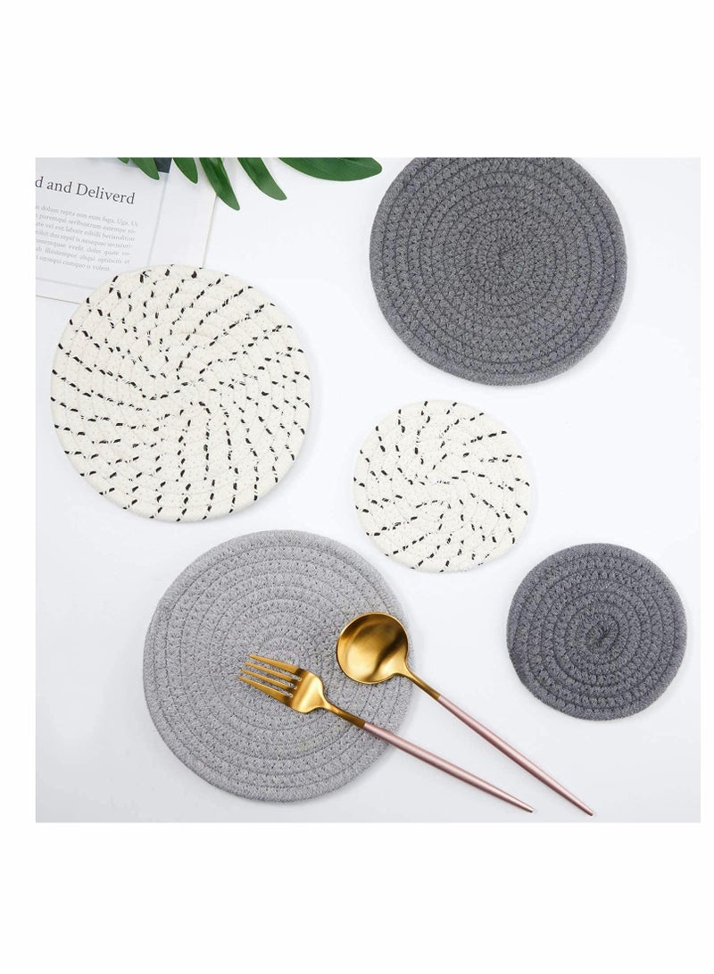 SYOSI Mat, 6 Pieces Pot Trivets Large Braid Woven Trivet Coaster, Cotton Thread Weave Cup Coaster Hot Pot Dish Trivet Pad Mat for Kitchen Cooking Supplies (7 Inch and 4.7 Inch, Gray Series) - Image 2