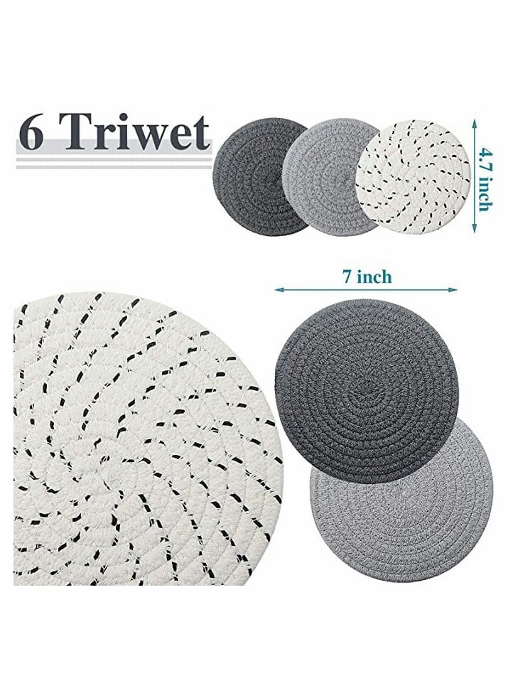 SYOSI Mat, 6 Pieces Pot Trivets Large Braid Woven Trivet Coaster, Cotton Thread Weave Cup Coaster Hot Pot Dish Trivet Pad Mat for Kitchen Cooking Supplies (7 Inch and 4.7 Inch, Gray Series) - Image 5