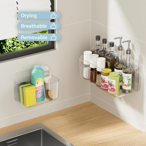 ZEXALOR Wall Mounted Storage Organizer Bins Organizing Shelf Basket Clear Plastic Makeup Organizer Adhesive Hanging Bin Fridge Organizer for BathroomKitchenCabinetPantryCountertops XLL - Image 3