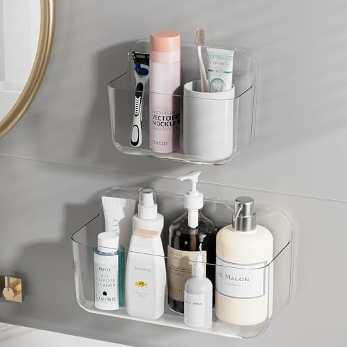 ZEXALOR Wall Mounted Storage Organizer Bins Organizing Shelf Basket Clear Plastic Makeup Organizer Adhesive Hanging Bin Fridge Organizer for BathroomKitchenCabinetPantryCountertops XLL - Image 1