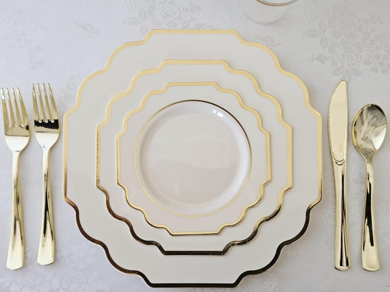 OCCASIONS FINEST PLASTIC TABLEWARE " OCCASIONS " 50 Plates Pack (25 Guests)-Heavyweight Wedding Party Disposable Plastic Plate Set -(25x10.5'' Dinner + 25x8'' Salad/Dessert) (Imperial Ivory & Gold) - Image 3