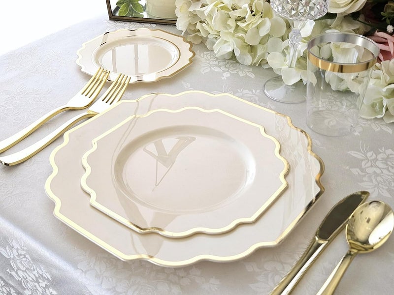 OCCASIONS FINEST PLASTIC TABLEWARE " OCCASIONS " 50 Plates Pack (25 Guests)-Heavyweight Wedding Party Disposable Plastic Plate Set -(25x10.5'' Dinner + 25x8'' Salad/Dessert) (Imperial Ivory & Gold) - Image 2