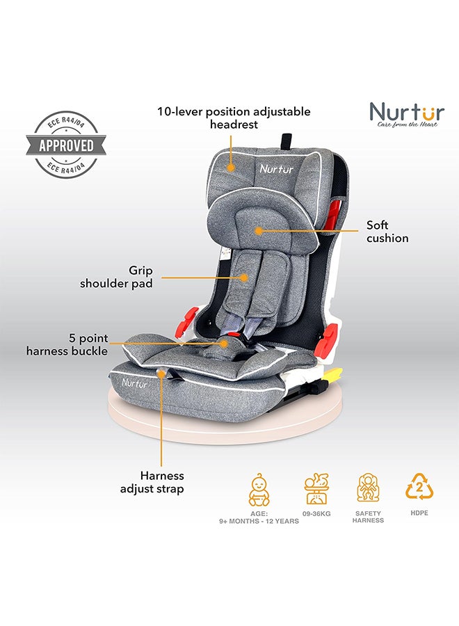 Nurtur Maverick Baby/Kids Compact Foldable Car Seat - ISOFIX - 10-level Adjustable Headrest - 9 months to 12 years (Group 1/2/3), Upto 36kg, Grey Multi - Image 2