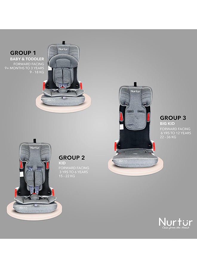 Nurtur Maverick Baby/Kids Compact Foldable Car Seat - ISOFIX - 10-level Adjustable Headrest - 9 months to 12 years (Group 1/2/3), Upto 36kg, Grey Multi - Image 3