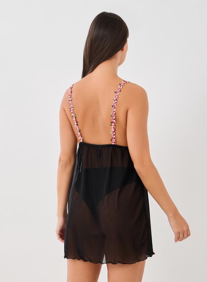 Styli Floral Lace Edge Detail Front Open Babydoll with Briefs - Image 5