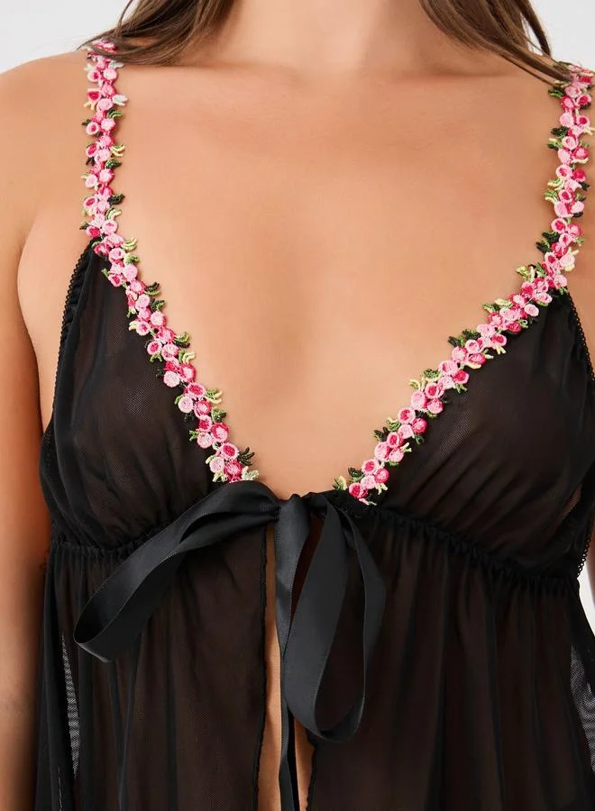ستايلي Styli Floral Lace Edge Detail Front Open Babydoll with Briefs