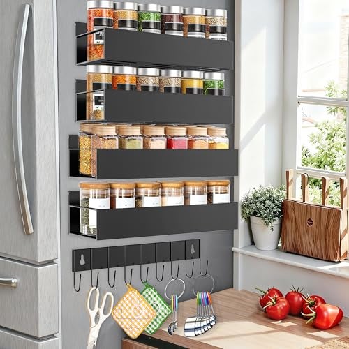 SMRCAD Magnetic Spice Rack for Refrigerator Seasoning Organizer for Spice Fridge Shelf storage Magnetic Shelf with Hook for Oven (BLACK, 5pack) - Image 1