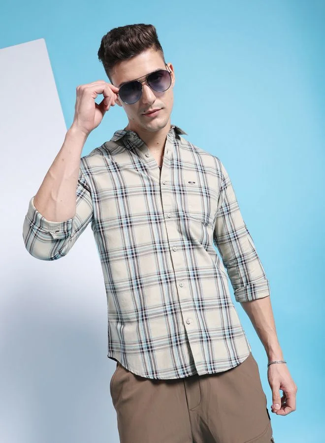 The Indian Garage Co Men Slim Fit Checkered Full Sleeves Cutaway Collar Casual Shirt