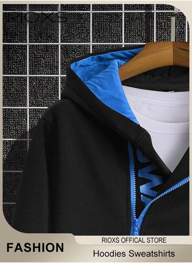 RIOXS Men's Hoodies Sweatshirts,Letter Graphic Print Front Zipper Hoodie Sweatshirt,Long Sleeve Hooded Sweatshirt With Pocket,Pullovers Hooded Tops For Men,Casual Sportswear Hoodies,Gift For Daddy Boyfirend Husband  - Image 4
