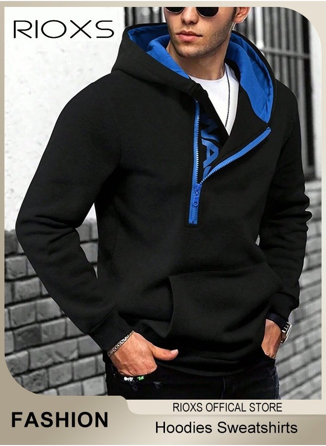 RIOXS Men's Hoodies Sweatshirts,Letter Graphic Print Front Zipper Hoodie Sweatshirt,Long Sleeve Hooded Sweatshirt With Pocket,Pullovers Hooded Tops For Men,Casual Sportswear Hoodies,Gift For Daddy Boyfirend Husband  - Image 1
