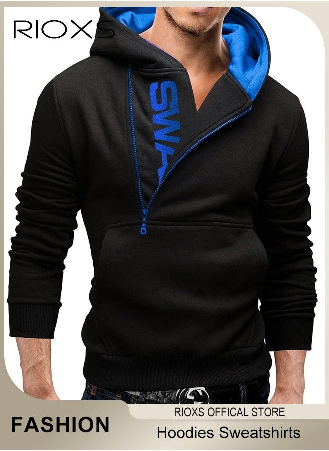 RIOXS Men's Hoodies Sweatshirts,Letter Graphic Print Front Zipper Hoodie Sweatshirt,Long Sleeve Hooded Sweatshirt With Pocket,Pullovers Hooded Tops For Men,Casual Sportswear Hoodies,Gift For Daddy Boyfirend Husband  - Image 2