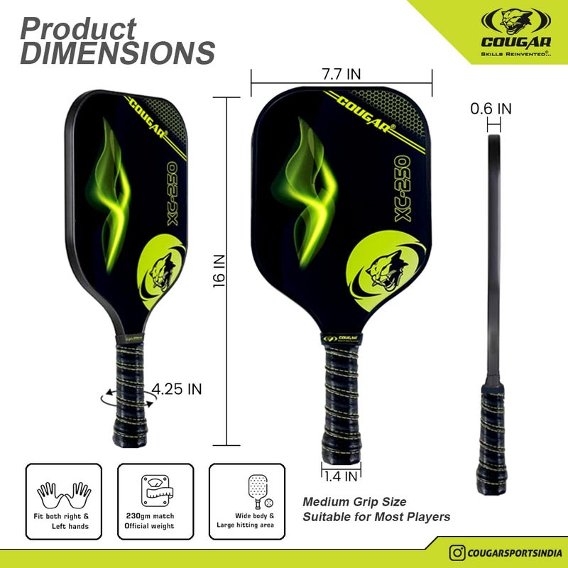 Cougar Carbon Fibre Pickleball Paddle,(XC-250) Polypropylene Honeycomb Core, 19 mm Thickness, Premium Grip, 225g, 1 Paddle & 1 Performance Balls with Carry Bag - Image 5