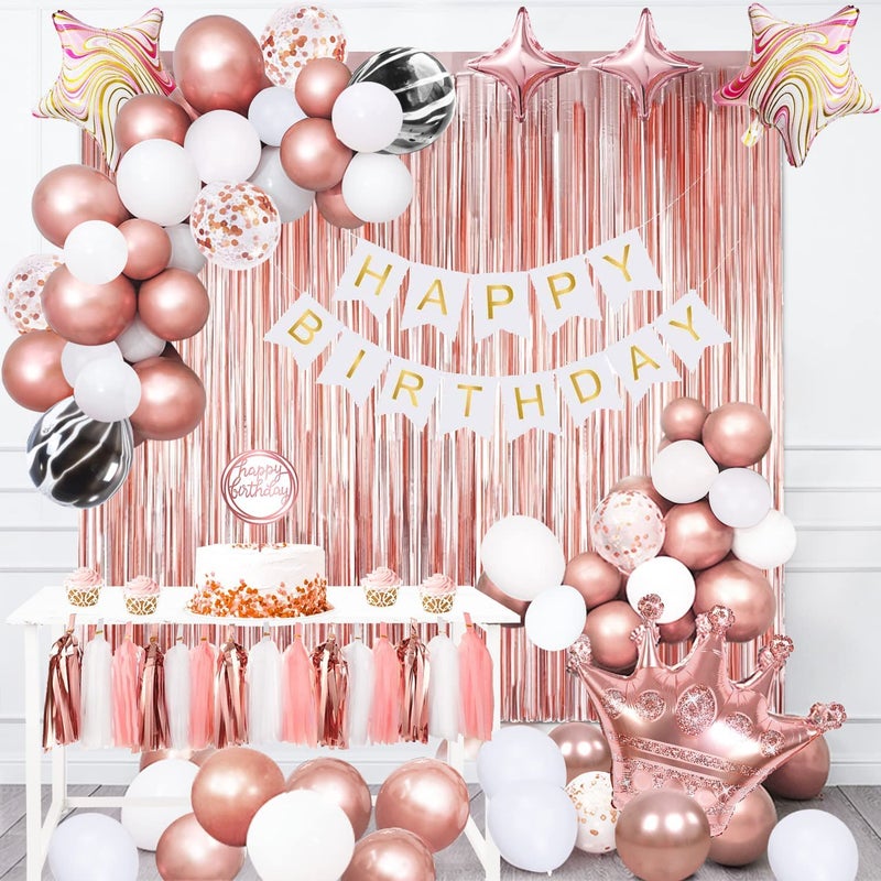 MANGO Rose Gold Birthday Decorations Set for Women or Girls  Party Supplies With Happy Birthday Banner DIY Cake Topper Fringe Curtain Confetti Balloons - Image 2