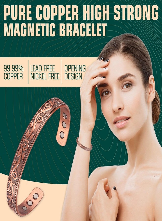 FASCIO Vintage Flower Copper Bracelet,99.9% Pure Copper 3500 Gauss Strong Magnets Adjustable Cuff,Copper Bracelet for Women Men - Image 2