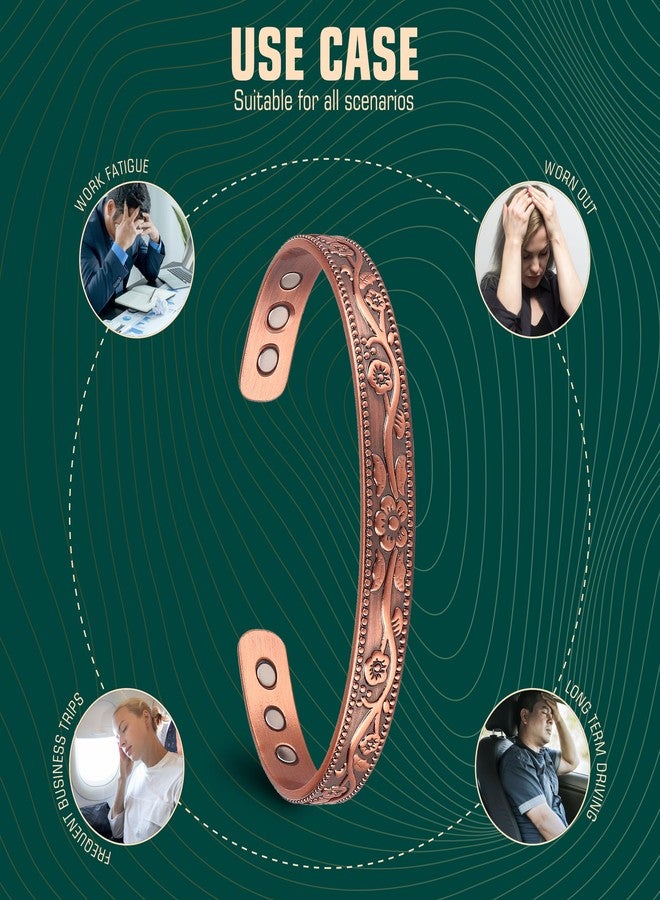 FASCIO Vintage Flower Copper Bracelet,99.9% Pure Copper 3500 Gauss Strong Magnets Adjustable Cuff,Copper Bracelet for Women Men - Image 5