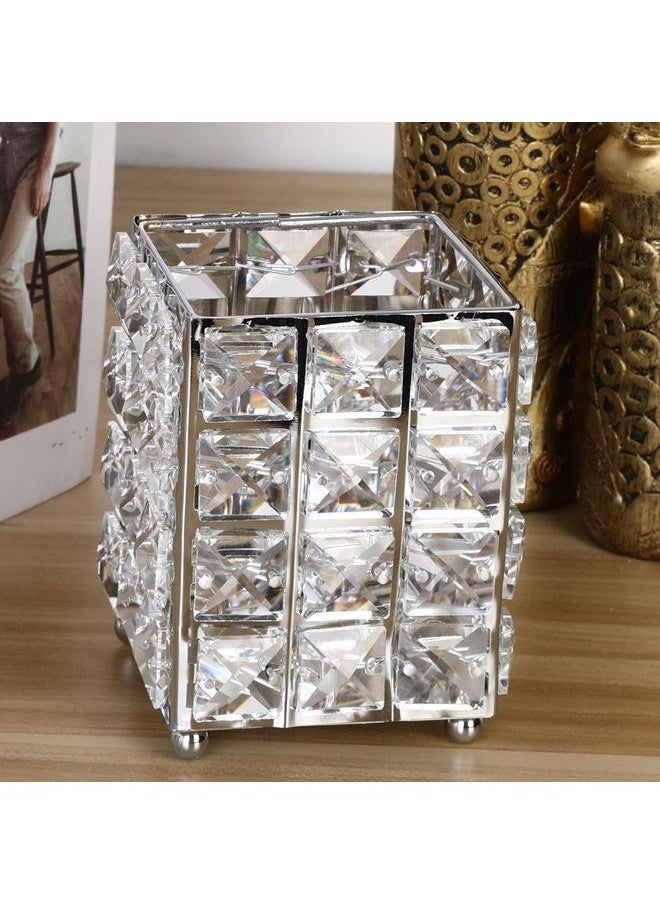 yongsheng Makeup Brush Holders Pen Holder Handcrafted Crystal Pencil Pen Collection Cosmetic Storage for Vanity Desk Organizer Square Silver  - Image 1