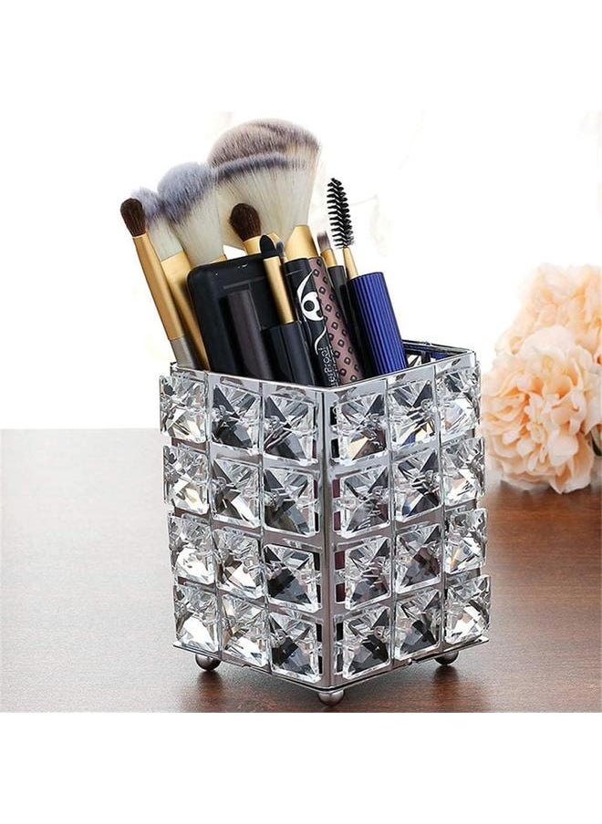 yongsheng Makeup Brush Holders Pen Holder Handcrafted Crystal Pencil Pen Collection Cosmetic Storage for Vanity Desk Organizer Square Silver  - Image 2