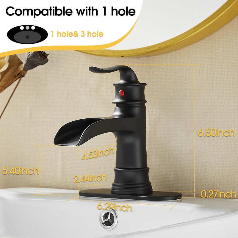 Fransiton Waterfall Faucet Bathroom Faucet Single Handle One Hole Matte Black Finish Large Spout Lavatory Faucets (Matte Black) - Image 2