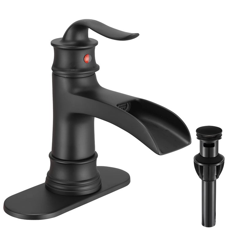 Fransiton Waterfall Faucet Bathroom Faucet Single Handle One Hole Matte Black Finish Large Spout Lavatory Faucets (Matte Black) - Image 1