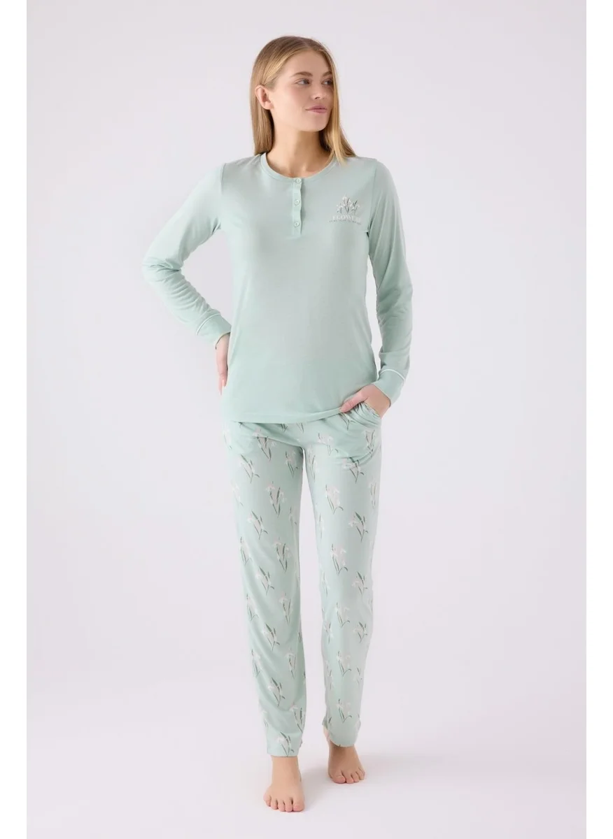 Arnetta Women's Nile Green Button-down Collar Long Sleeve Pocket Pajama Set, Plus Size Pajamas