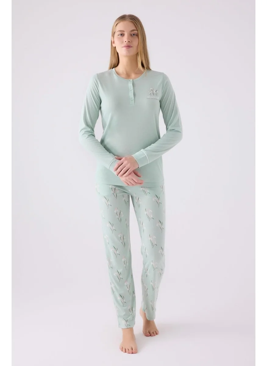 Arnetta Women's Nile Green Button-down Collar Long Sleeve Pocket Pajama Set, Plus Size Pajamas