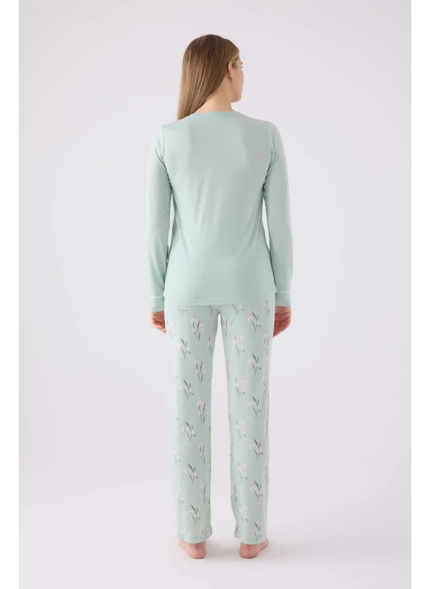 Arnetta Women's Nile Green Button-down Collar Long Sleeve Pocket Pajama Set, Plus Size Pajamas