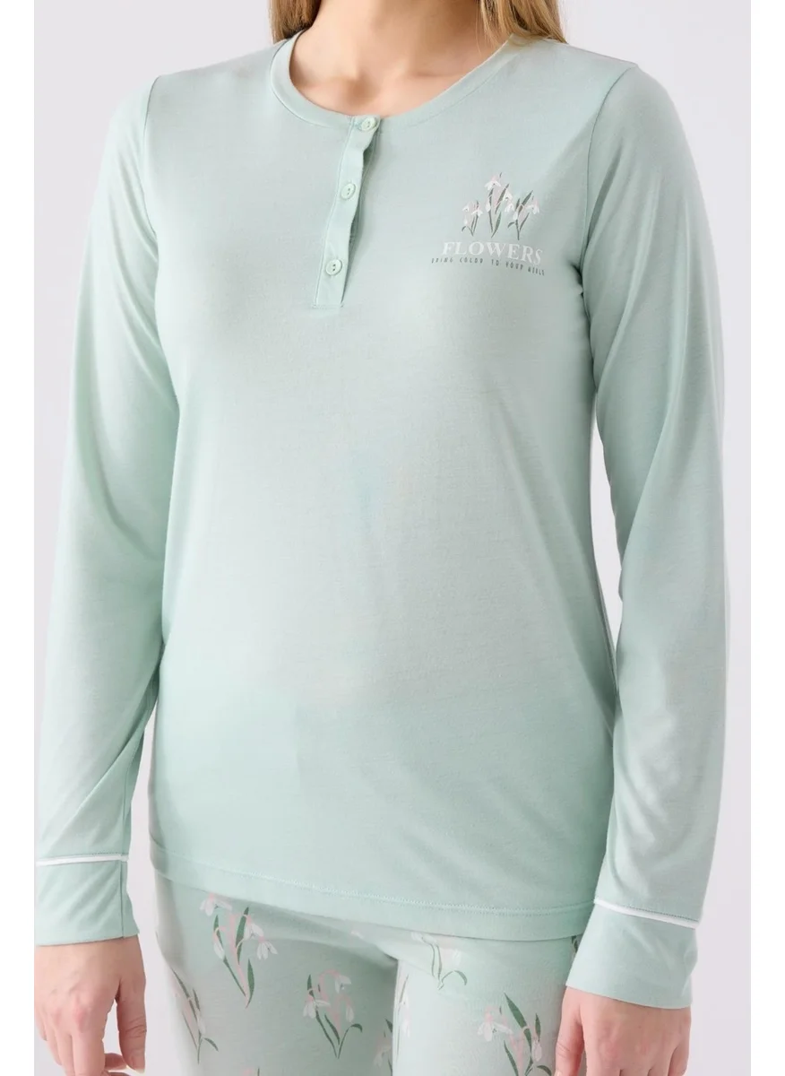 Arnetta Women's Nile Green Button-down Collar Long Sleeve Pocket Pajama Set, Plus Size Pajamas
