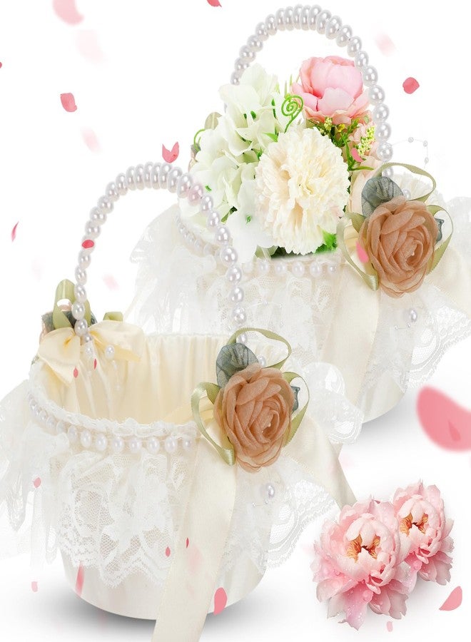 AceOrbit 2 Pack Wedding Flower Girl Lace Baskets with Pearl Handle, Ivory Satin Lace Elegant Flower Baskets Romantic Petals Storage for Wedding - Image 1