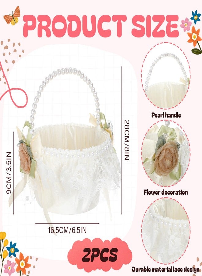 AceOrbit 2 Pack Wedding Flower Girl Lace Baskets with Pearl Handle, Ivory Satin Lace Elegant Flower Baskets Romantic Petals Storage for Wedding - Image 2