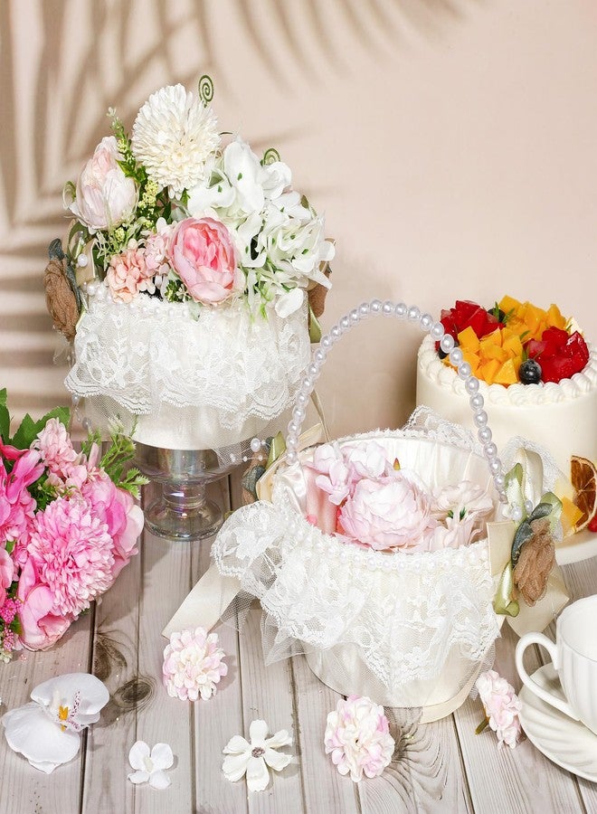 AceOrbit 2 Pack Wedding Flower Girl Lace Baskets with Pearl Handle, Ivory Satin Lace Elegant Flower Baskets Romantic Petals Storage for Wedding - Image 3
